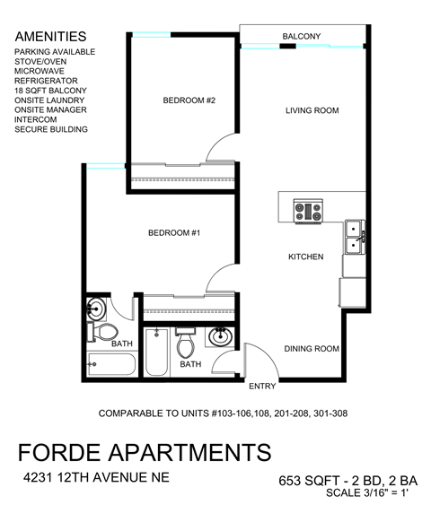 Floor plan for 2 beds, 2 baths, 721 sqft
